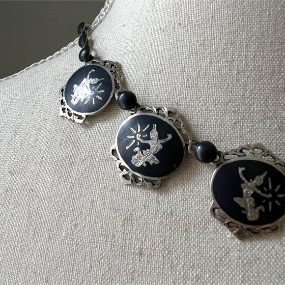 Vintage Ethnic Thai Siam Black Niello Sterling Silver Link Choker Necklace Dance - Picture 3 of 9